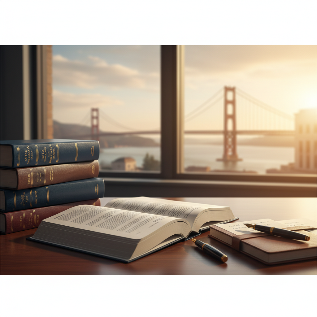 California civil litigation attorney consultation table with legal books, documents, glasses, and a tablet, overlooking a courthouse skyline