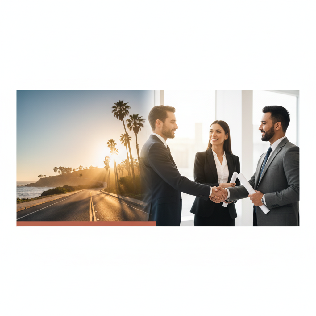 Personal injury attorney standing with two injured accident victims in front of the Los Angeles skyline, representing legal support after an accident in California.