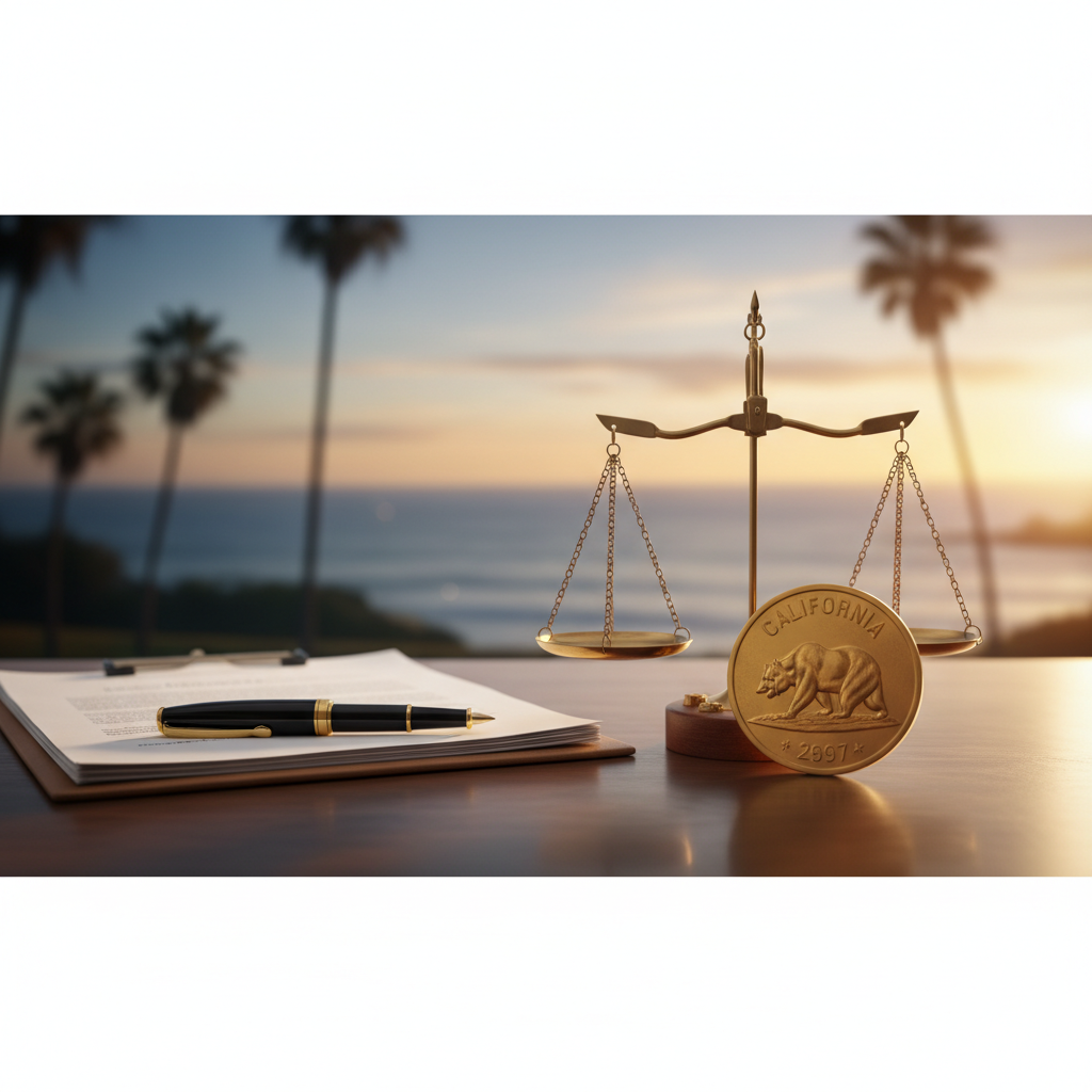 Scales of justice on top of law books beside a legal document and pen, with the Los Angeles skyline and palm trees visible through a window at sunset.