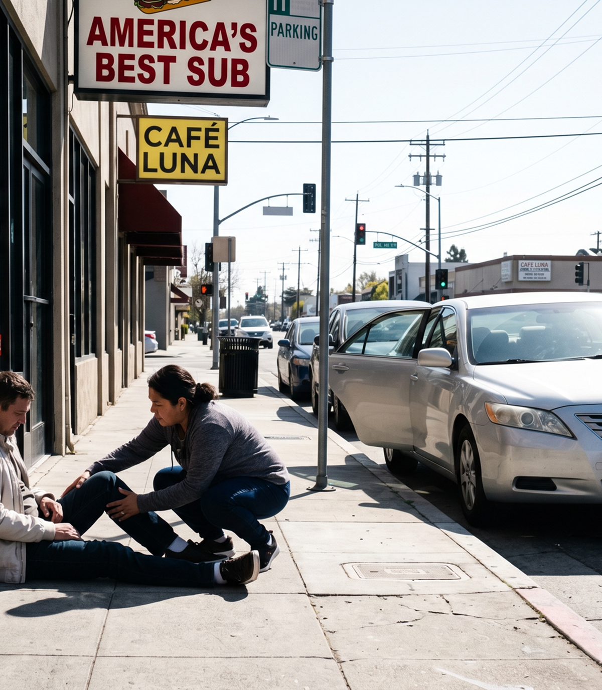 San Jose Personal Injury Accident Aftermath Scene Woman helps injured man seated on San Jose sidewalk near parked car after a personal injury accident.
