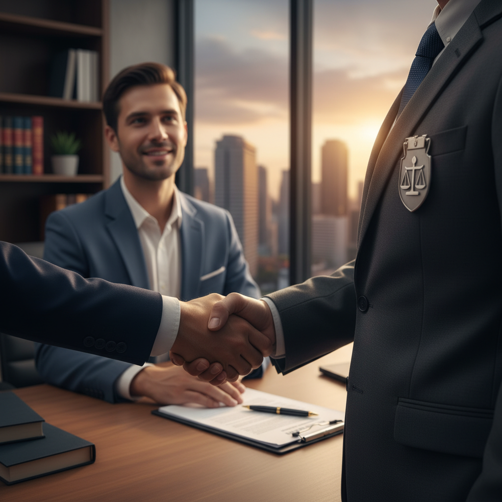 Attorney wearing a verified legal credential badge shaking hands with a client in a law office, with legal books and a signed document on the desk