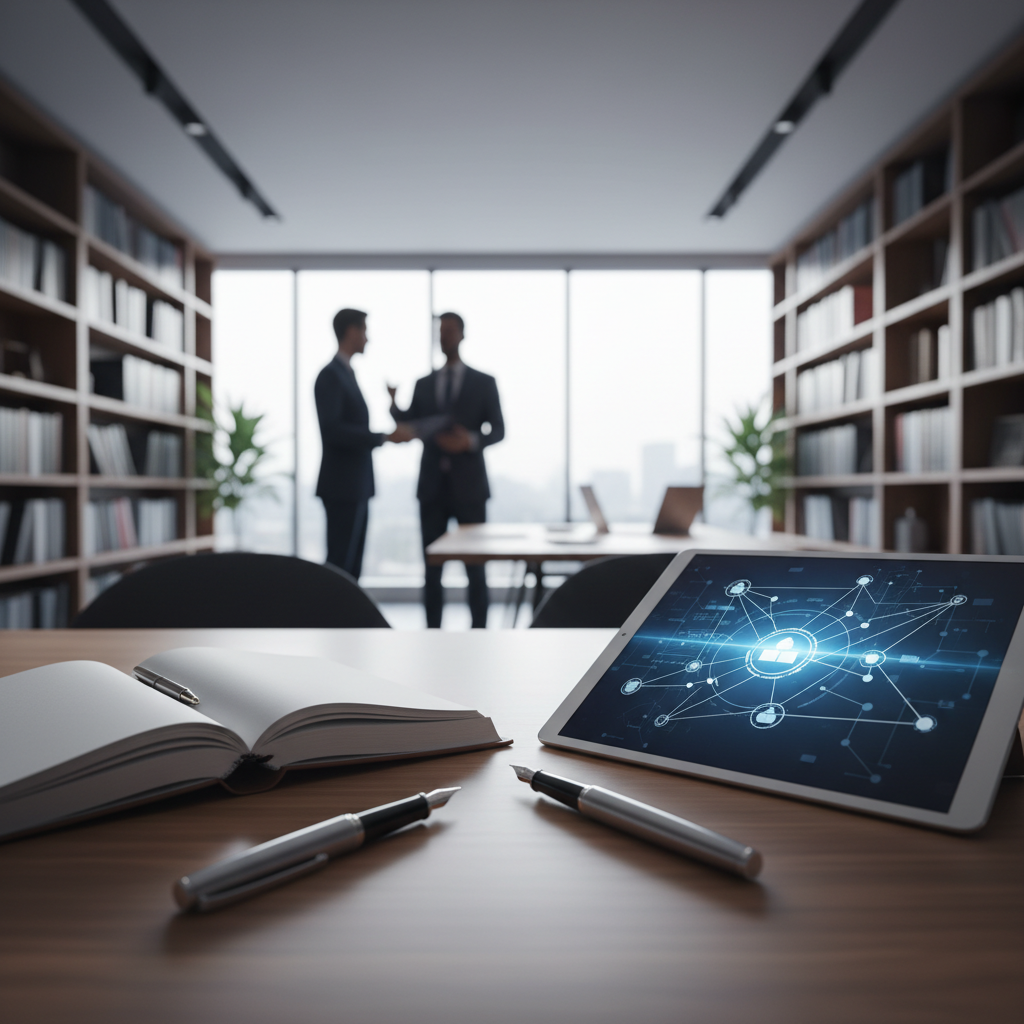 Attorney analyzing artificial intelligence in legal practice, reviewing a tablet with digital law scales and AI network graphics representing technology transforming legal expertise and online authority.