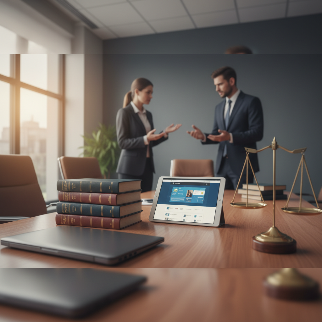 Laptop displaying legal directory and client connection icons in a law office library setting