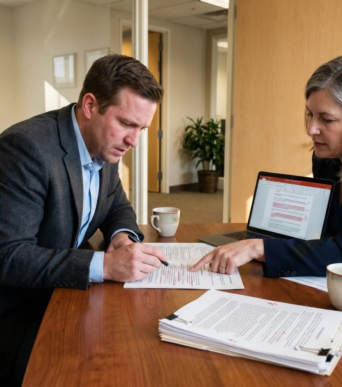 Business Agreement Lawyer Reviewing Contract Redlines With Client Business agreement lawyer points to a redlined clause as a small business owner marks revisions on a multi-page contract in a law office conference room.