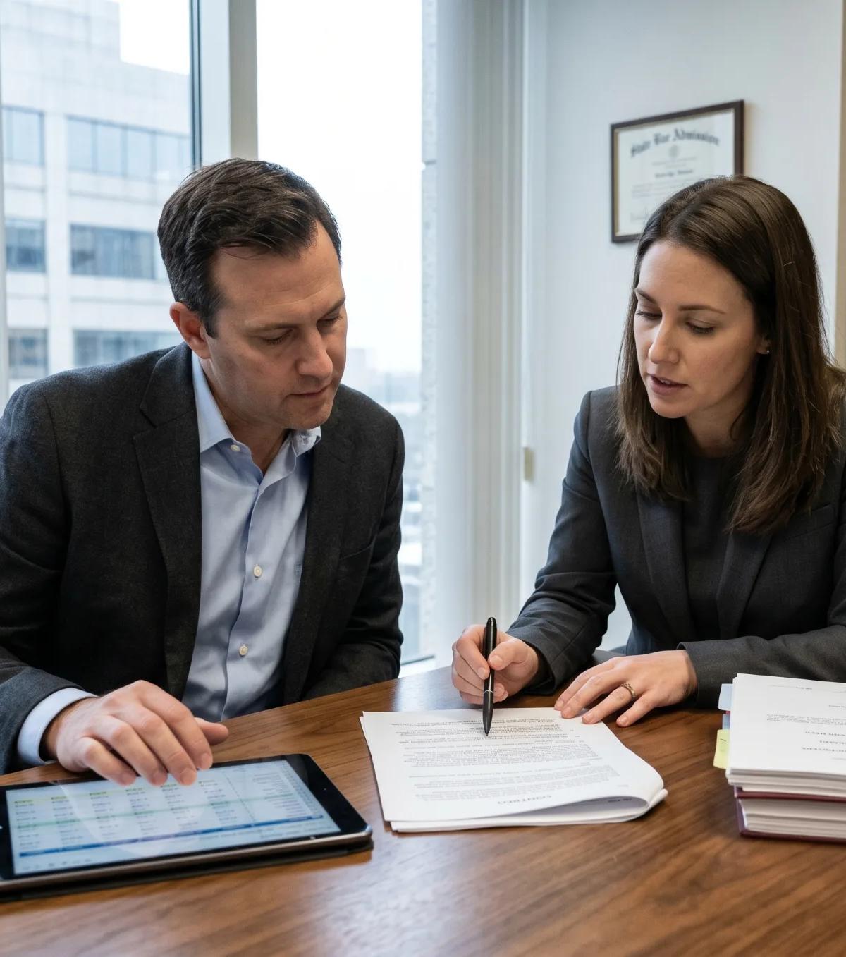 Business contract lawyer in dark grey suit reviewing a multi-page contract with a small business owner in a modern law firm conference room.