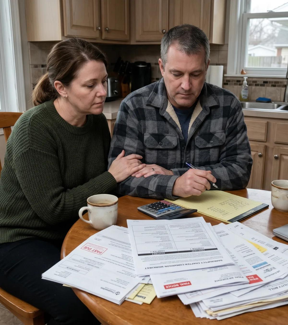California couple comparing Chapter 7 and Chapter 13 bankruptcy options at their kitchen table surrounded by past-due bills.