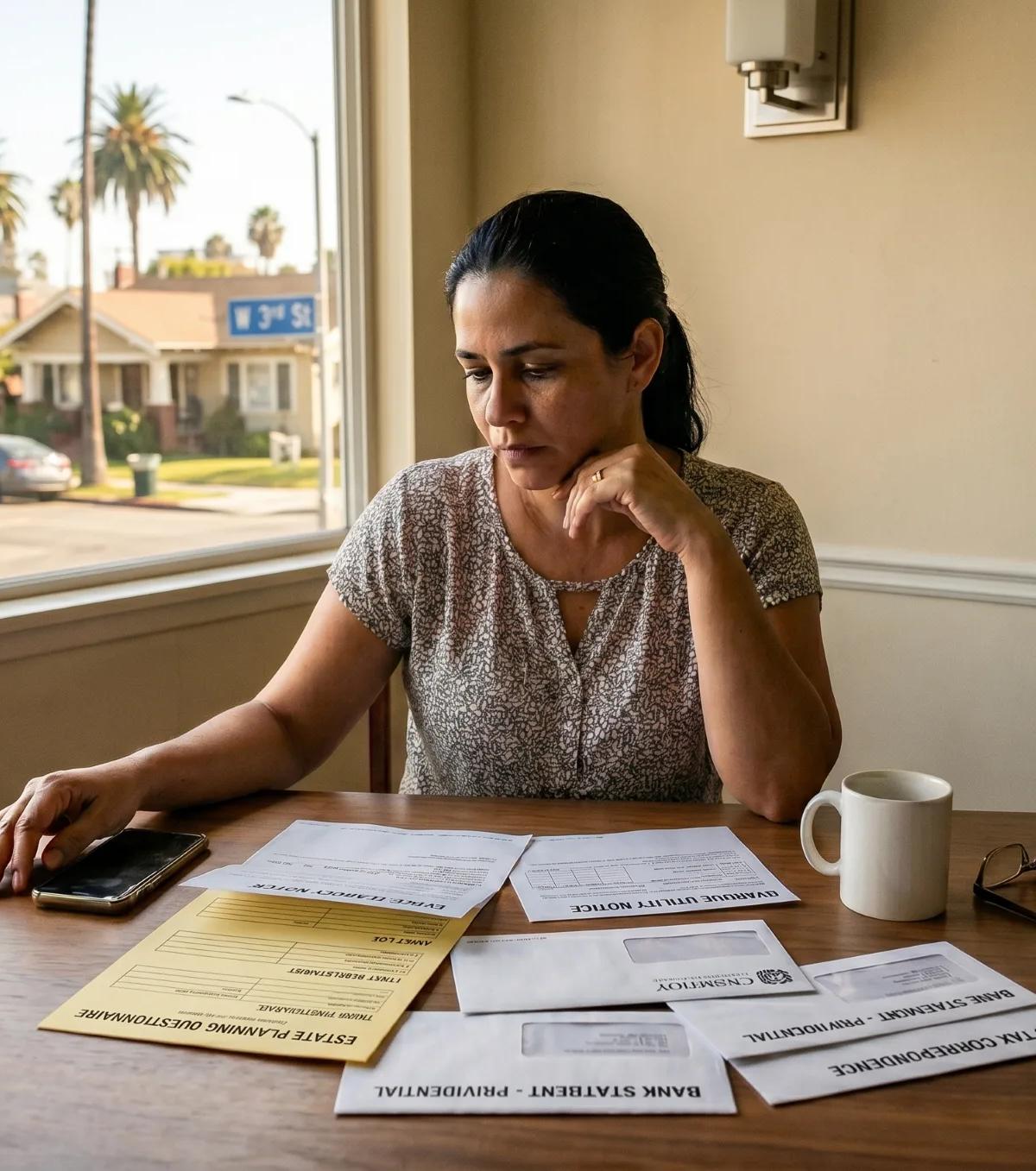 Woman seated at a kitchen table reviewing past-due notices and bank statements beside a silenced phone in a California suburban home.