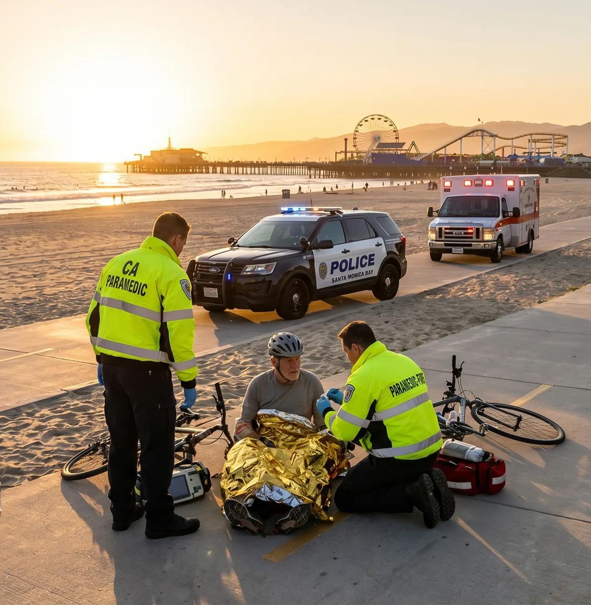California bicycle accident attorney scenario showing paramedics treating injured cyclist on Santa Monica beach path with police vehicle nearby.