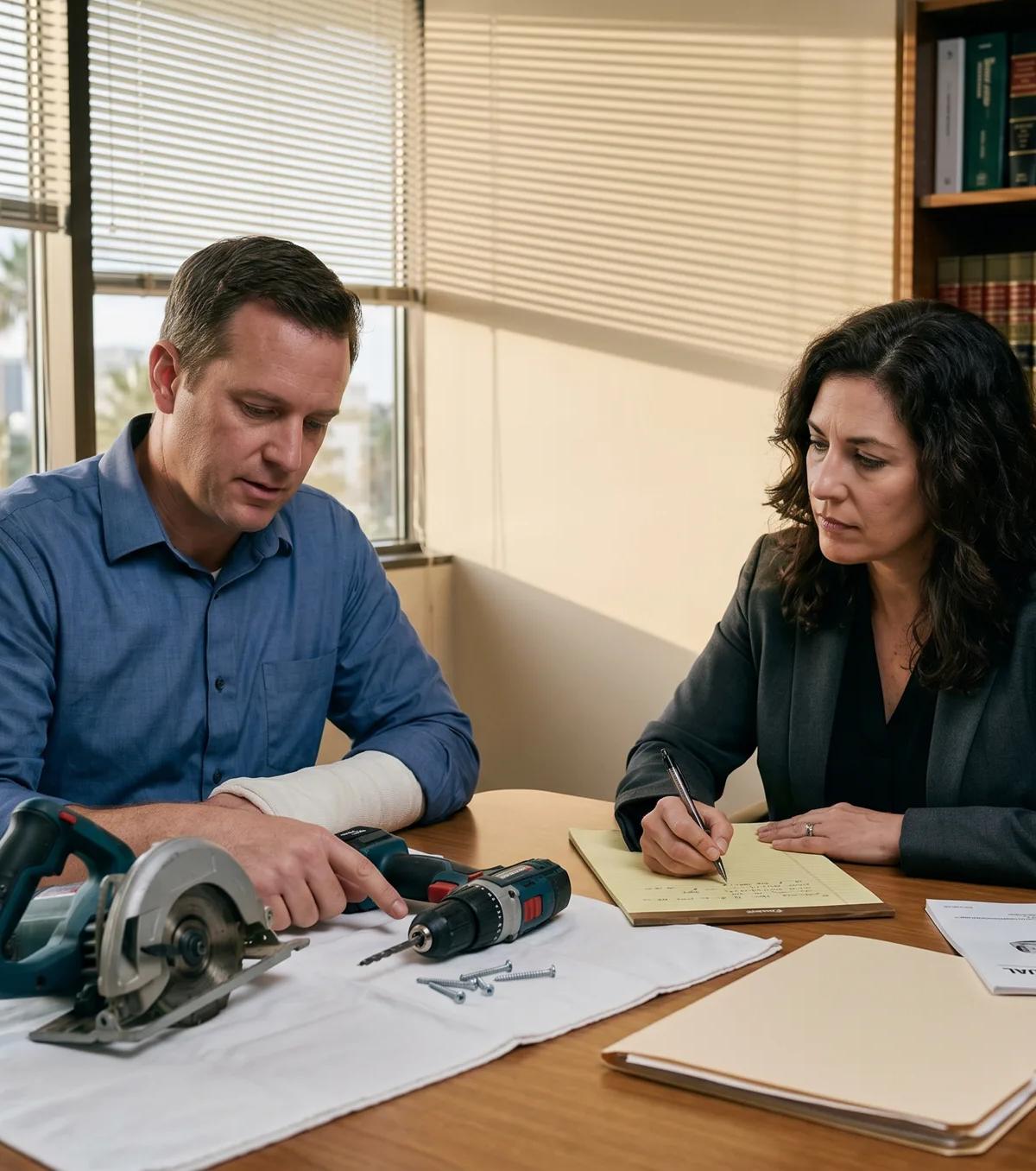 Injured man with arm cast shows defective power tools to a California product liability attorney taking notes during a consultation.