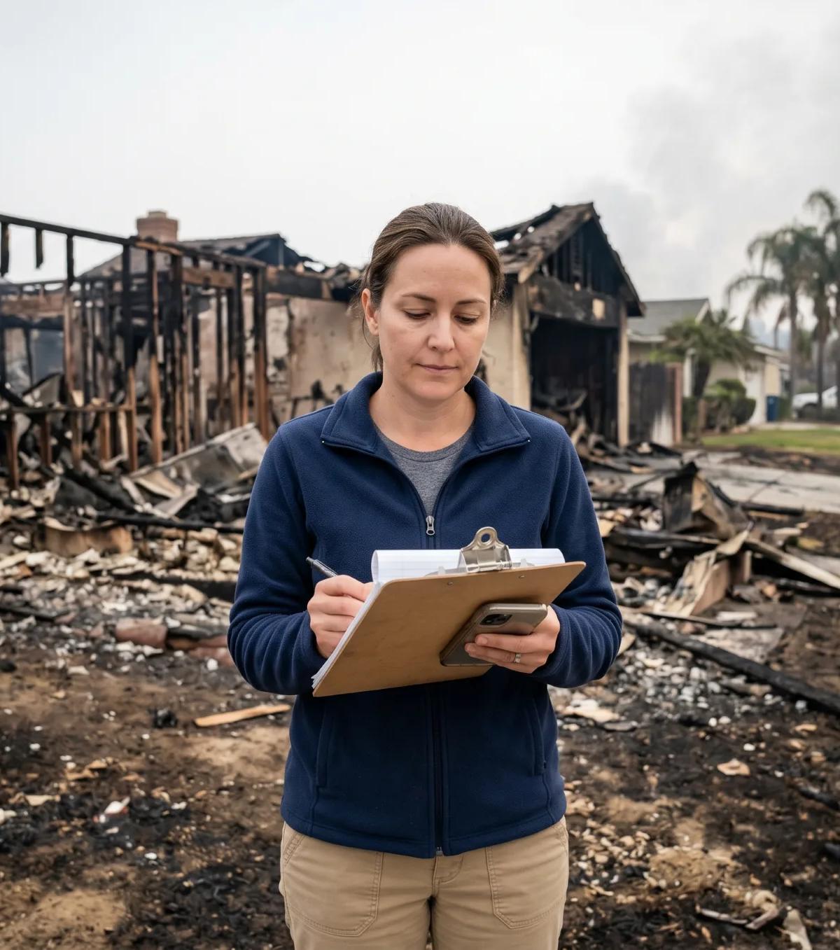 Woman in her early 40s wearing a dark blue fleece jacket and khaki pants standing in front of the burned remains of a Southern California suburban home, writing on a clipboard while holding a phone, documenting wildfire damage with a charred mailbox and palm trees visible in the background
