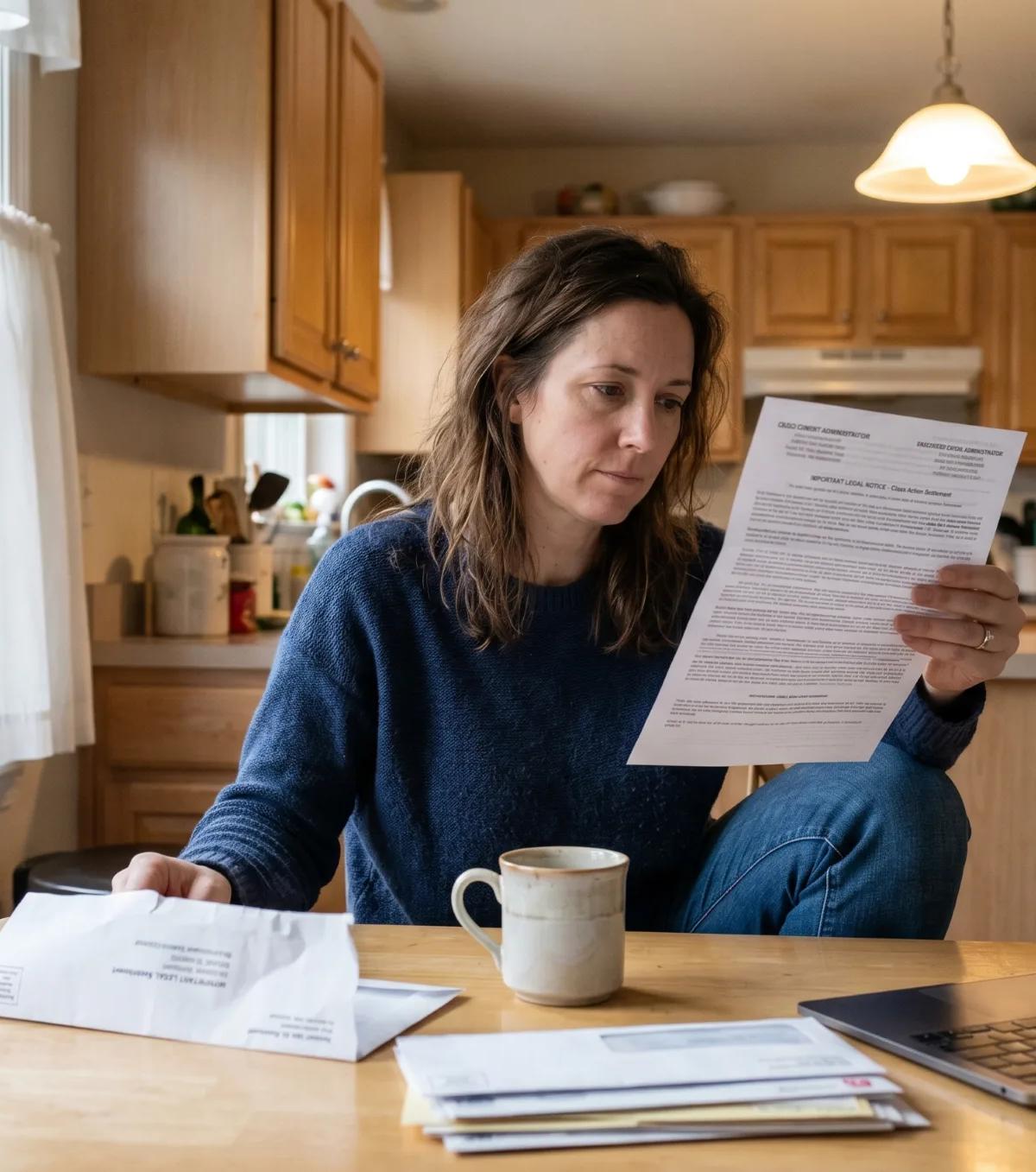 Woman at a kitchen table reading a class action settlement notice from a court-appointed settlement administrator.