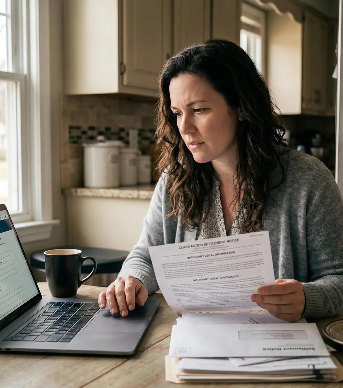 Woman at kitchen table reading a class action settlement notice while filing a claim form on her laptop.
