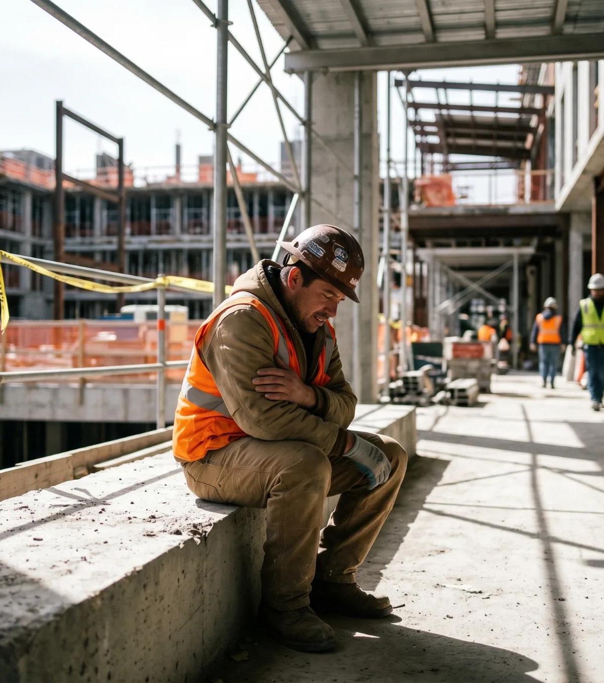Injured construction worker in orange vest and hard hat sitting alone on a concrete ledge at an active job site, holding his arm in pain while coworkers work in the background.