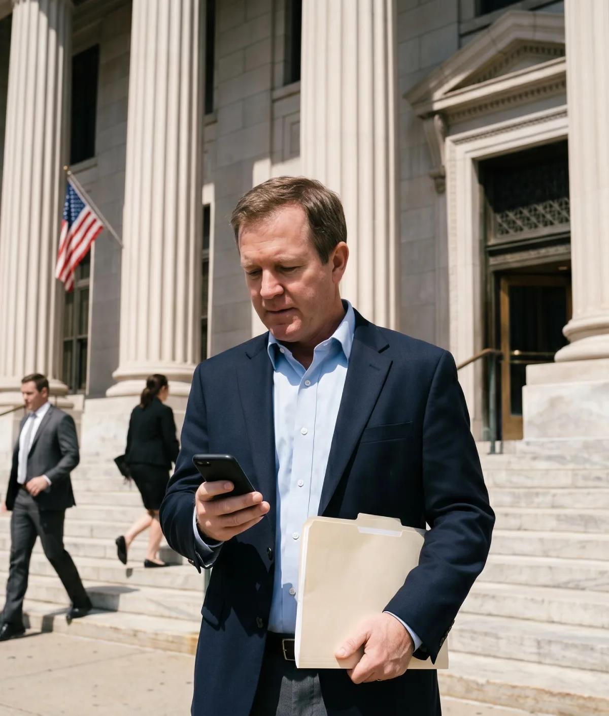 Man in a navy blazer checking his phone while leaving a federal courthouse where consumer protection class actions against credit repair firms are heard.