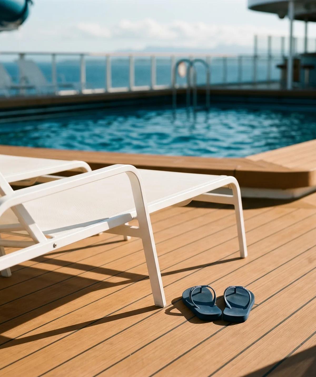 Sun-drenched cruise ship Lido deck with empty white lounge chair beside the pool, a pair of dark blue flip-flops left on the synthetic teak planks suggesting a passenger walked away barefoot across the hot deck surface.