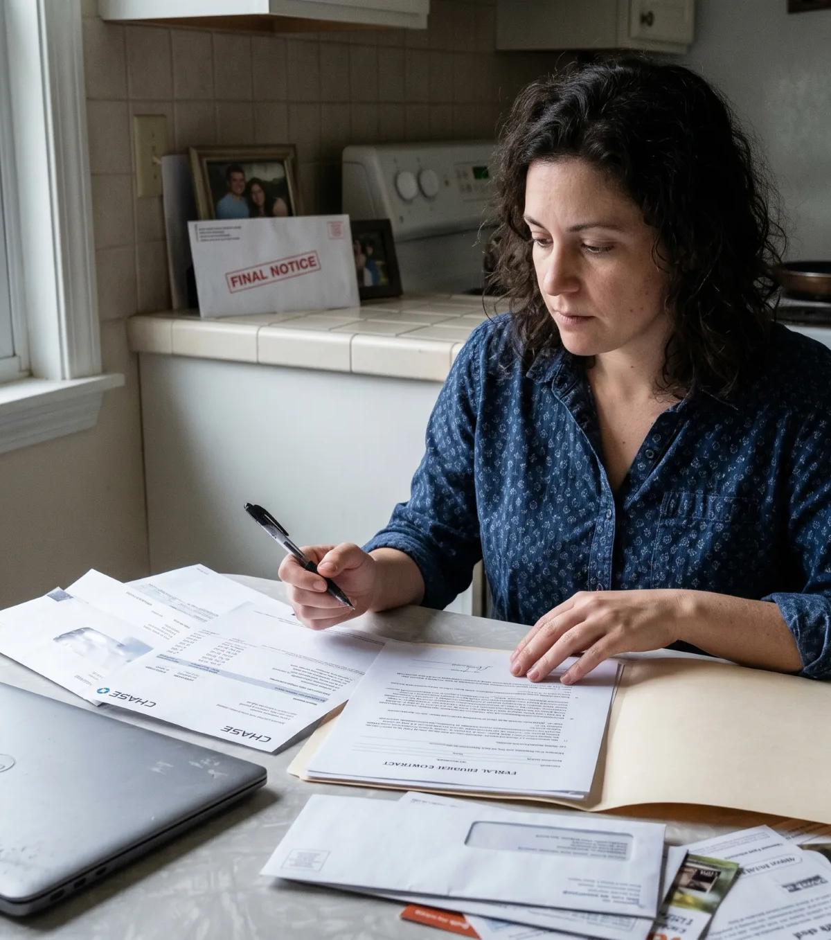 Woman in her thirties at a kitchen table reviewing a debt relief attorney model contract beside a Chase statement and final notice envelope.