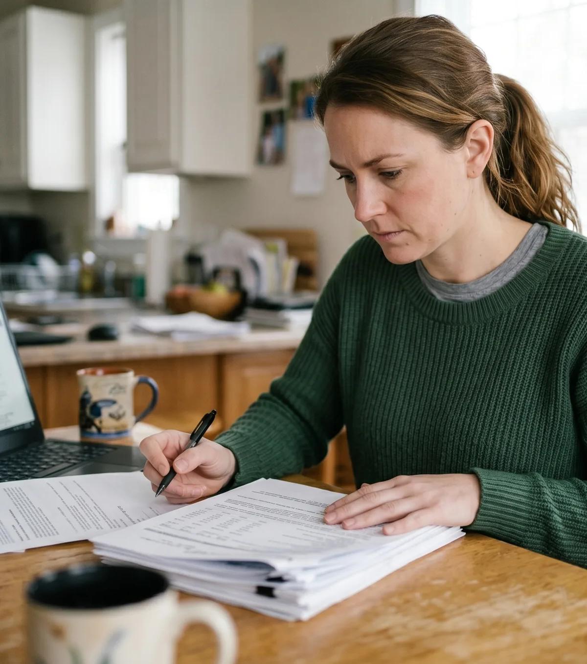 Woman at kitchen table reviewing financial documents with pen, laptop open to financial news beside her