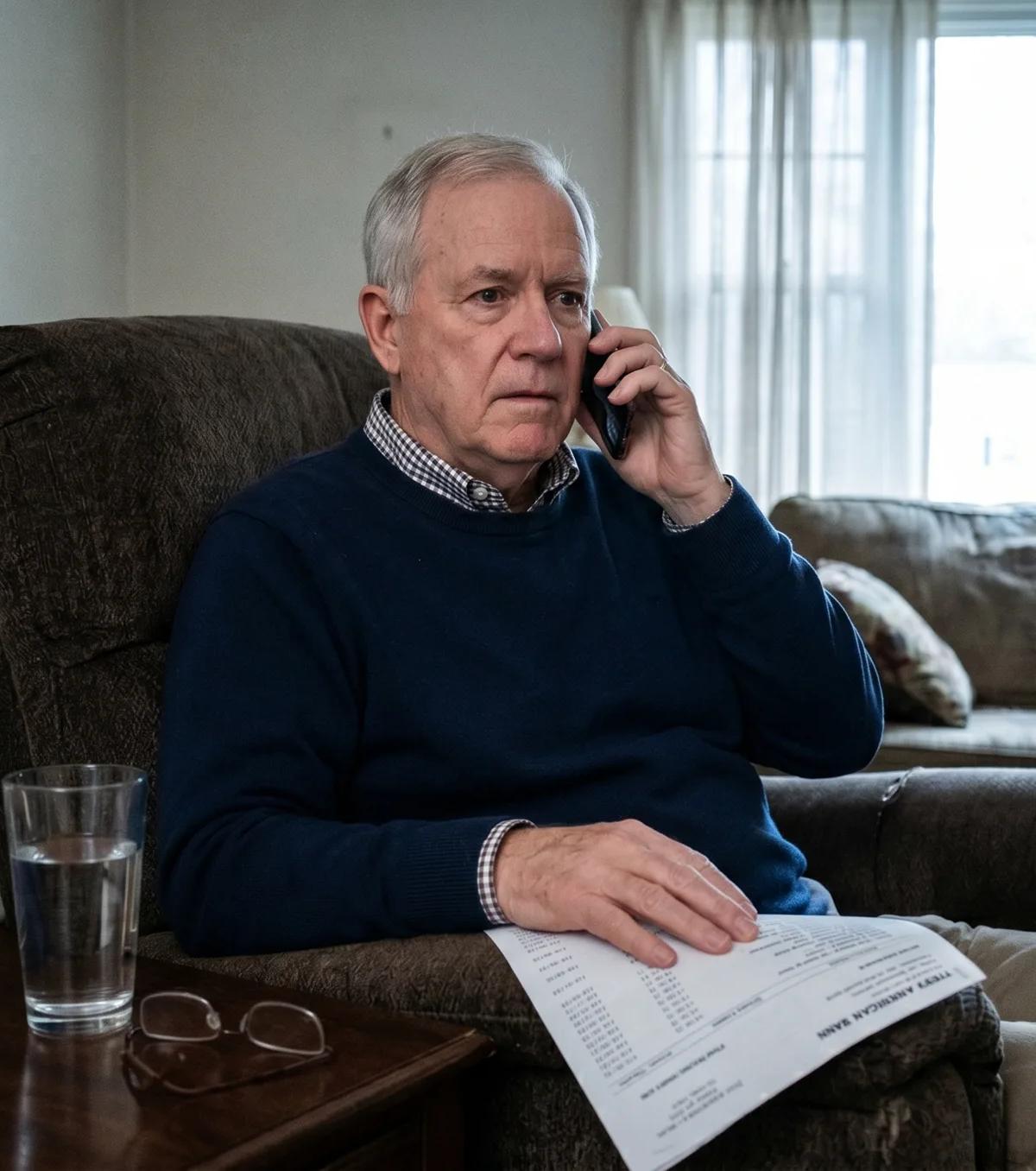 Older veteran on phone in living room holding bank statement next to framed photo of Army service member, illustrating debt relief scam 2026 targeting.