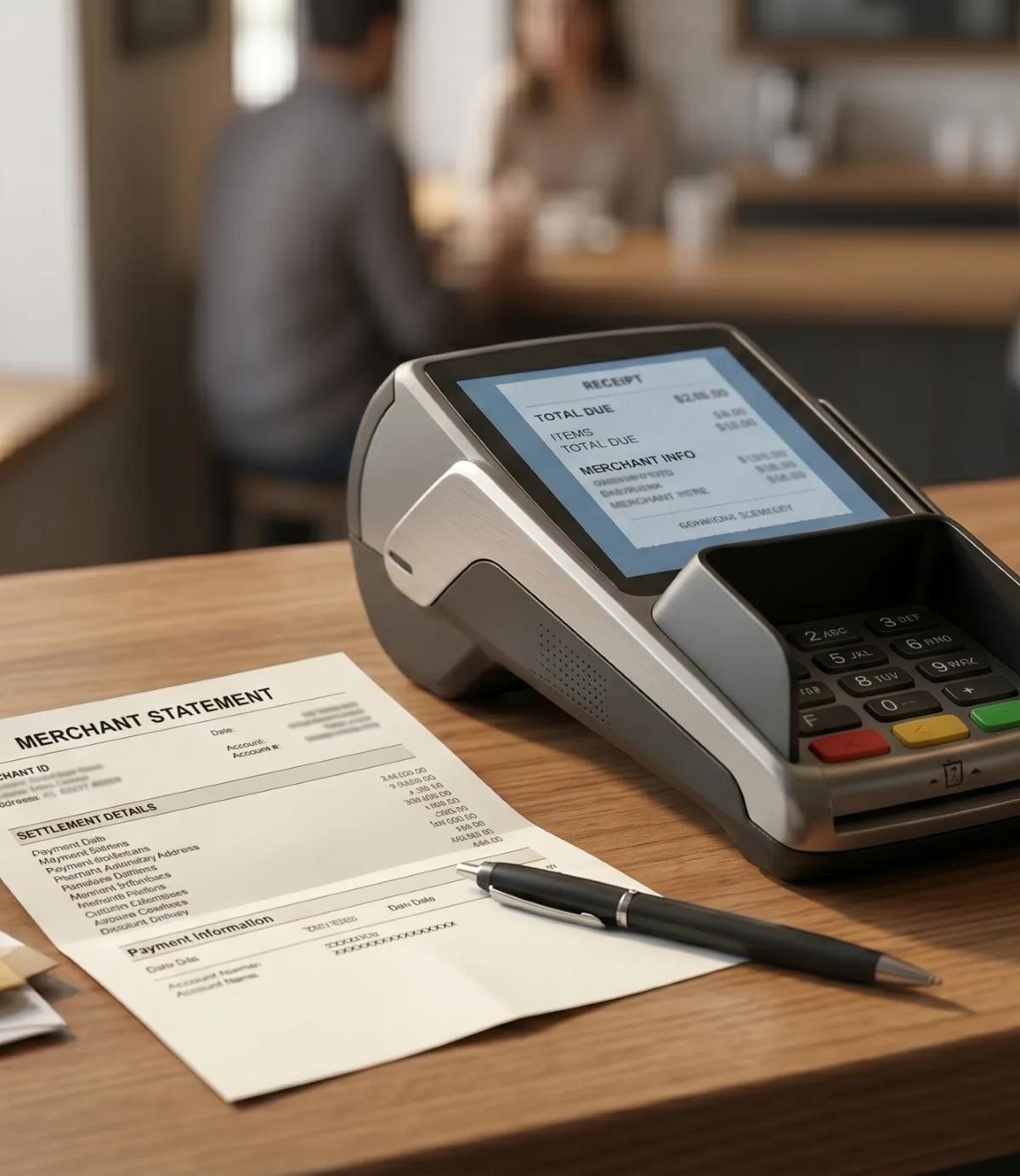Card payment terminal displaying a transaction receipt on a wooden café counter, next to a printed merchant statement, a manila envelope marked "Important Legal Notice — Merchant Account Services — Confidential Information," a black pen, and a coffee mug, with a barista and customers blurred in the background.
