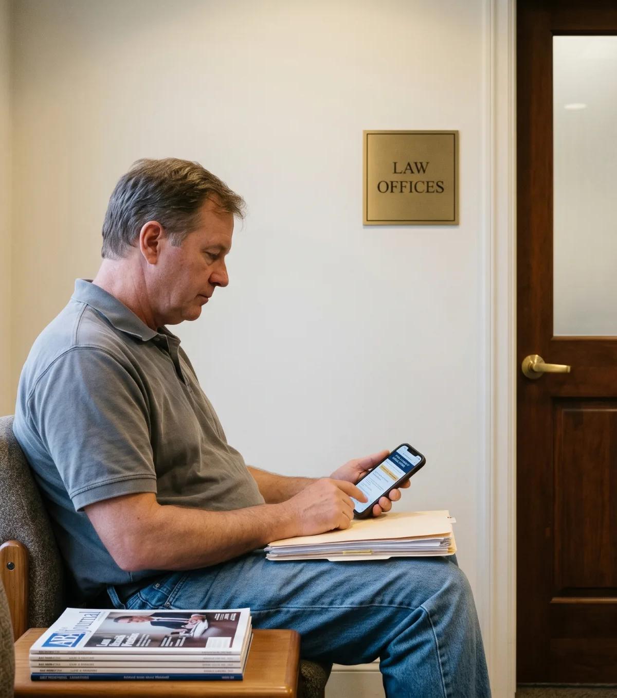 Middle-aged man in gray polo holds folder of documents and checks a legal directory on his phone outside a Law Offices door before booking a free or paid lawyer consultation.