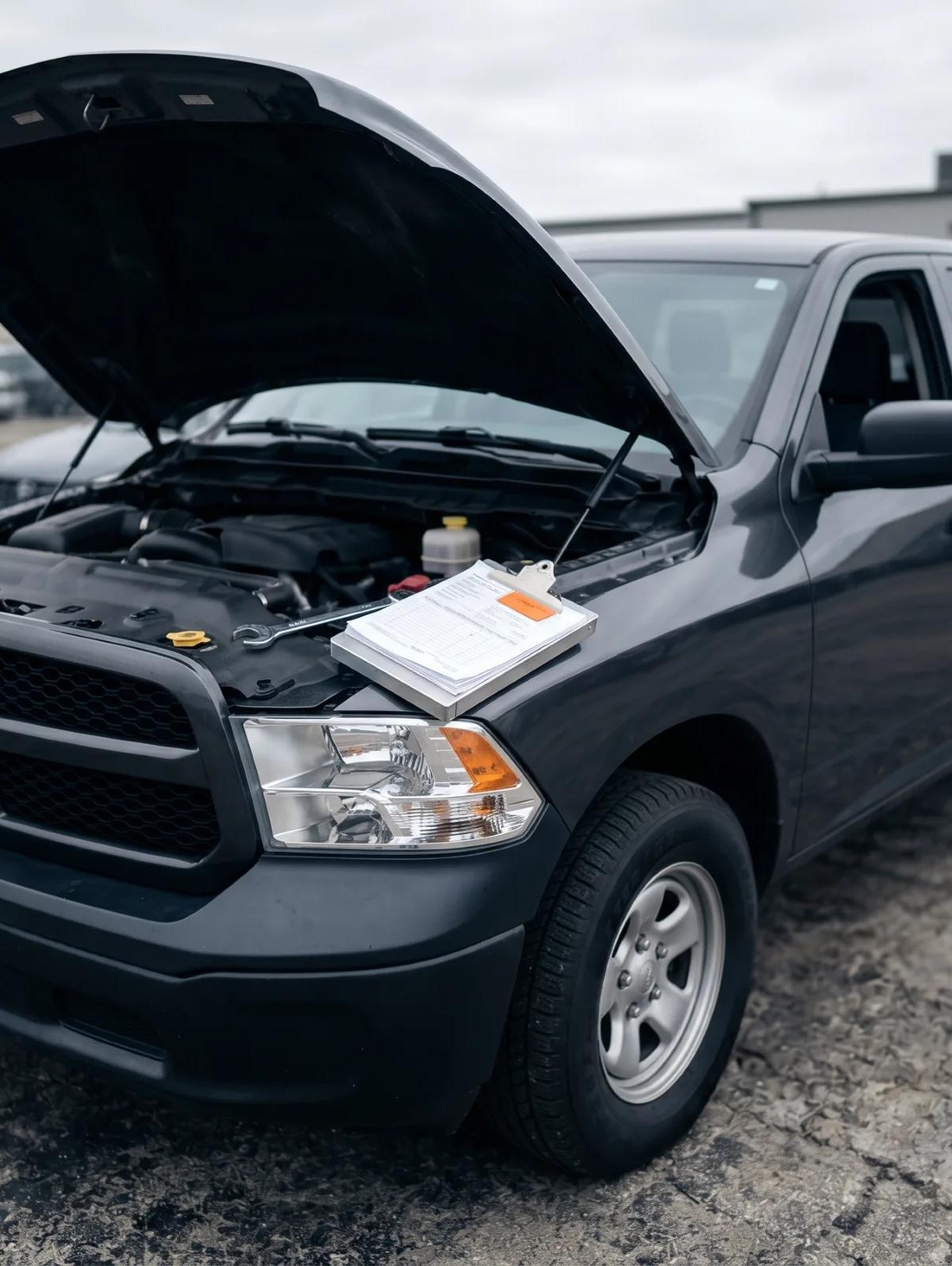 A dark gray full-size pickup truck sits on cracked asphalt outside a service facility with its hood raised, exposing the engine bay. A clipboard holding service paperwork and a wrench rests on the front fender. Other vehicles and a metal warehouse building are visible in the overcast background.