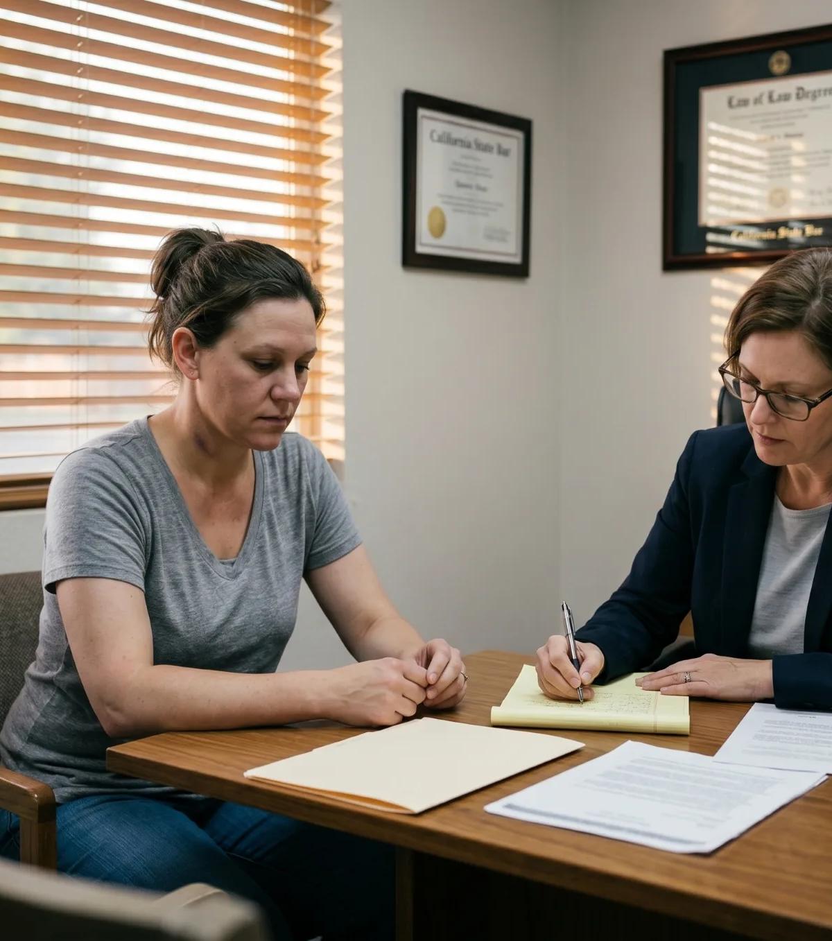 Woman meeting with a female domestic violence attorney in a California law office, with legal documents on the desk and California State Bar credentials visible on the wall behind them.