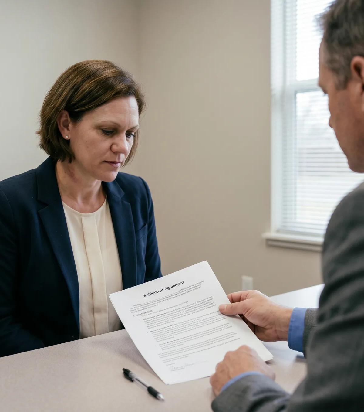 Worried employee reviews a wage settlement agreement an employer slides across the desk in an office, weighing whether to sign.