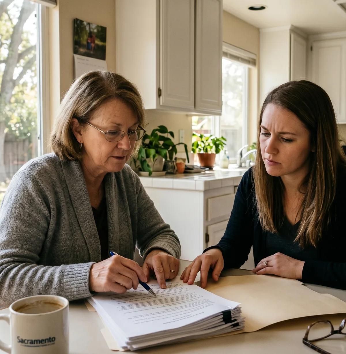 Older mother and adult daughter review estate planning attorney documents at a Sacramento kitchen table.