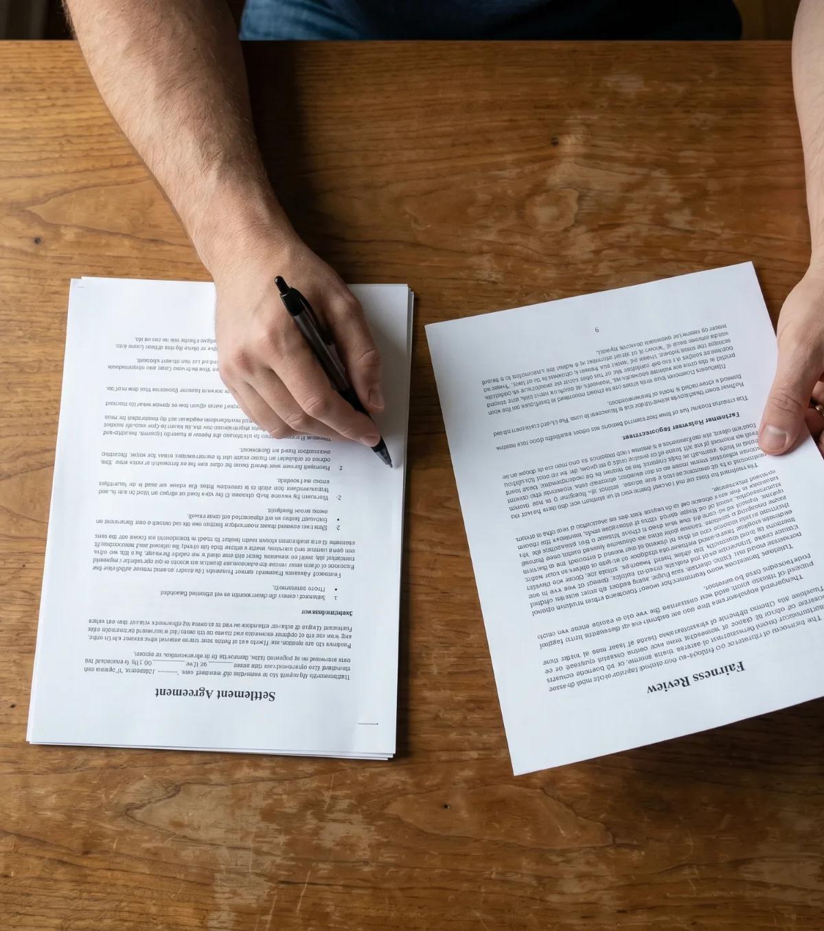 Overhead view of hands comparing a wage settlement agreement against a fairness review summary on a wooden desk, pen in hand.