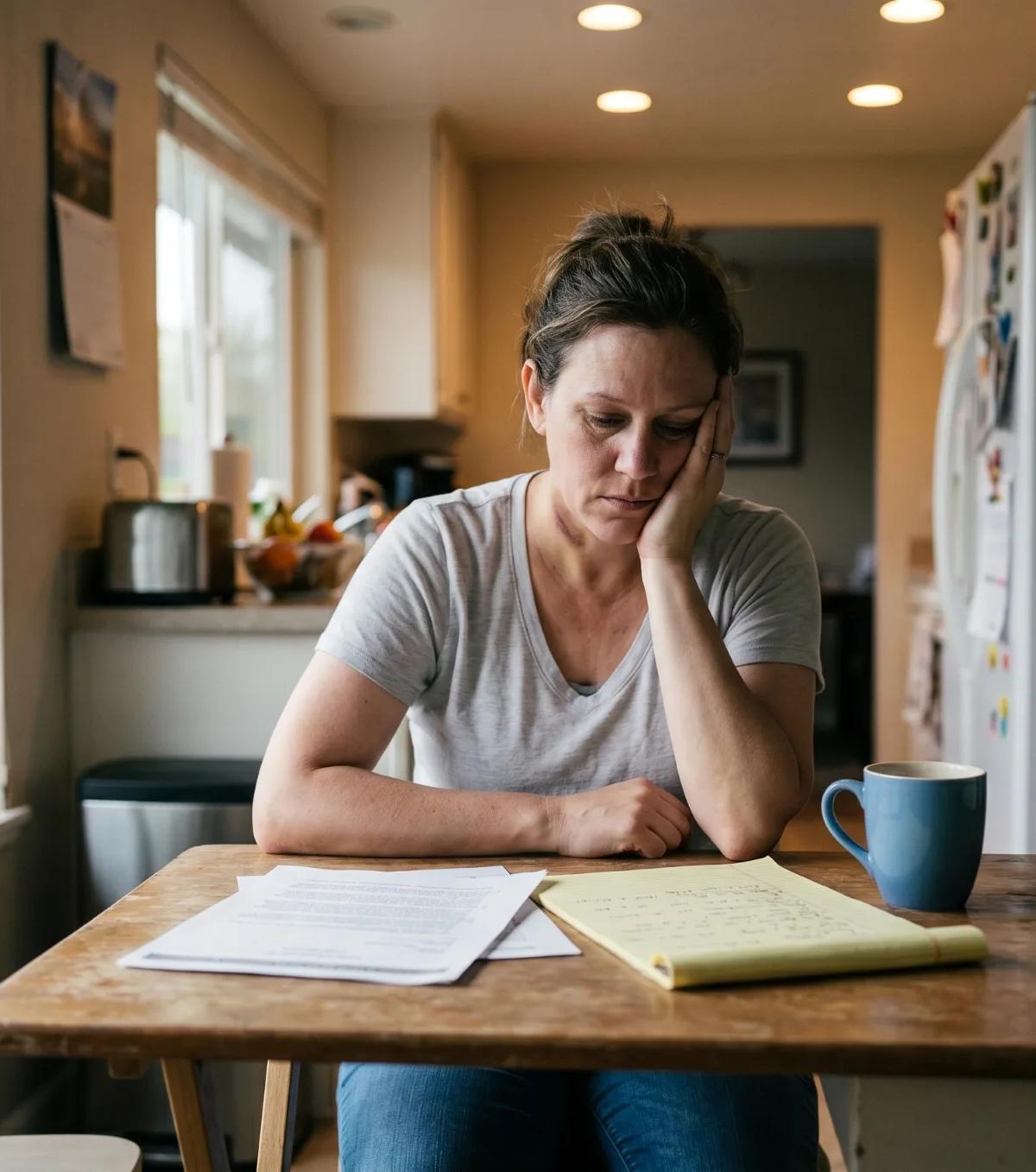 Exhausted woman reviewing legal documents and handwritten notes at a kitchen table, a coffee mug beside her and children's drawings on the refrigerator in the background.