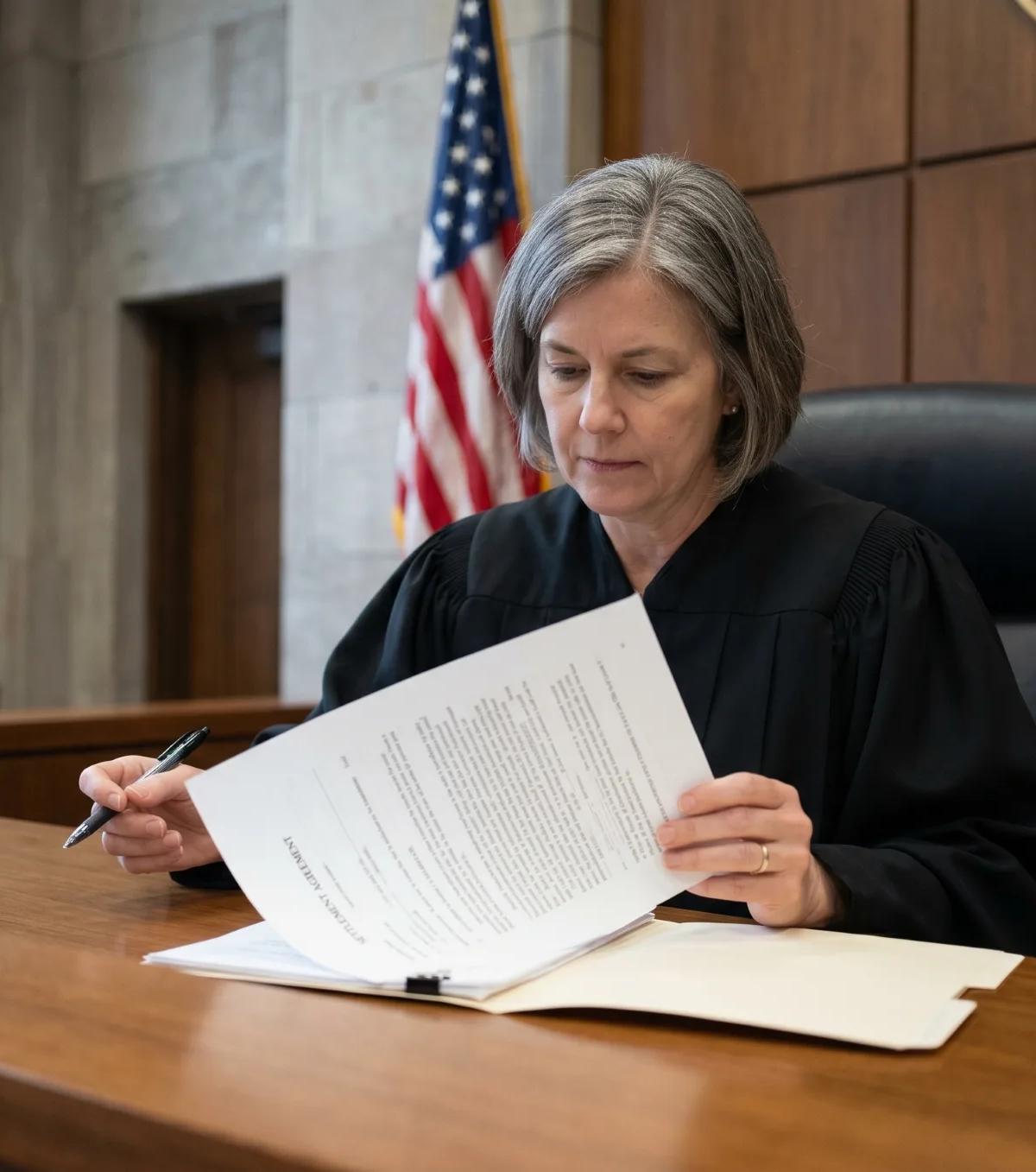 Federal judge in a black robe reviewing an FLSA wage settlement agreement at the courtroom bench, pen in hand, U.S. flag behind.