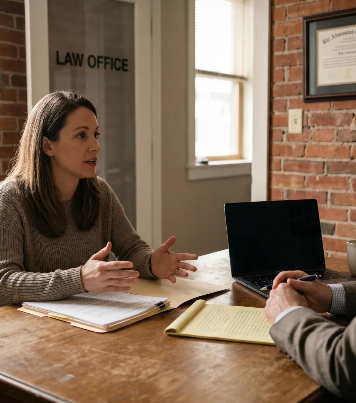 Woman in beige sweater talks with male attorney at a wooden desk in a brick-walled law office during a free wrongful termination consultation.
