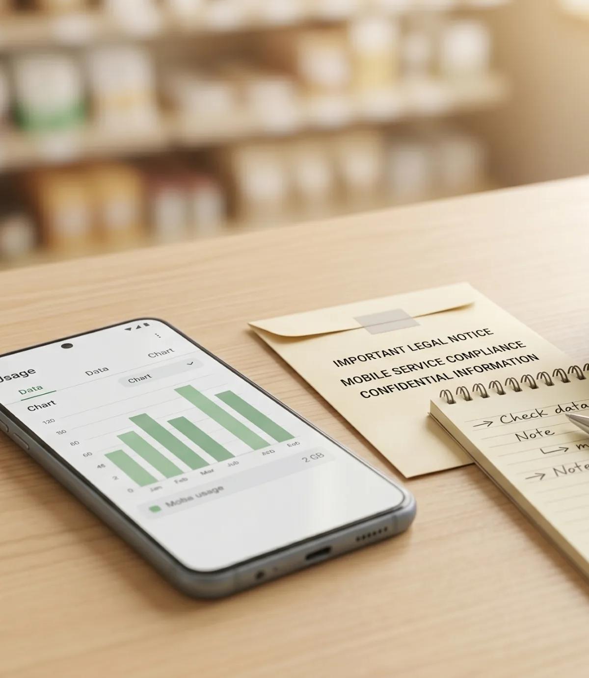 Android smartphone resting on a wooden café table displaying a cellular data usage chart, next to a small spiral notepad with handwritten reminders, a black pen, a manila envelope marked "Important Legal Notice — Mobile Service Compliance — Confidential Information," and a green ceramic mug of coffee.