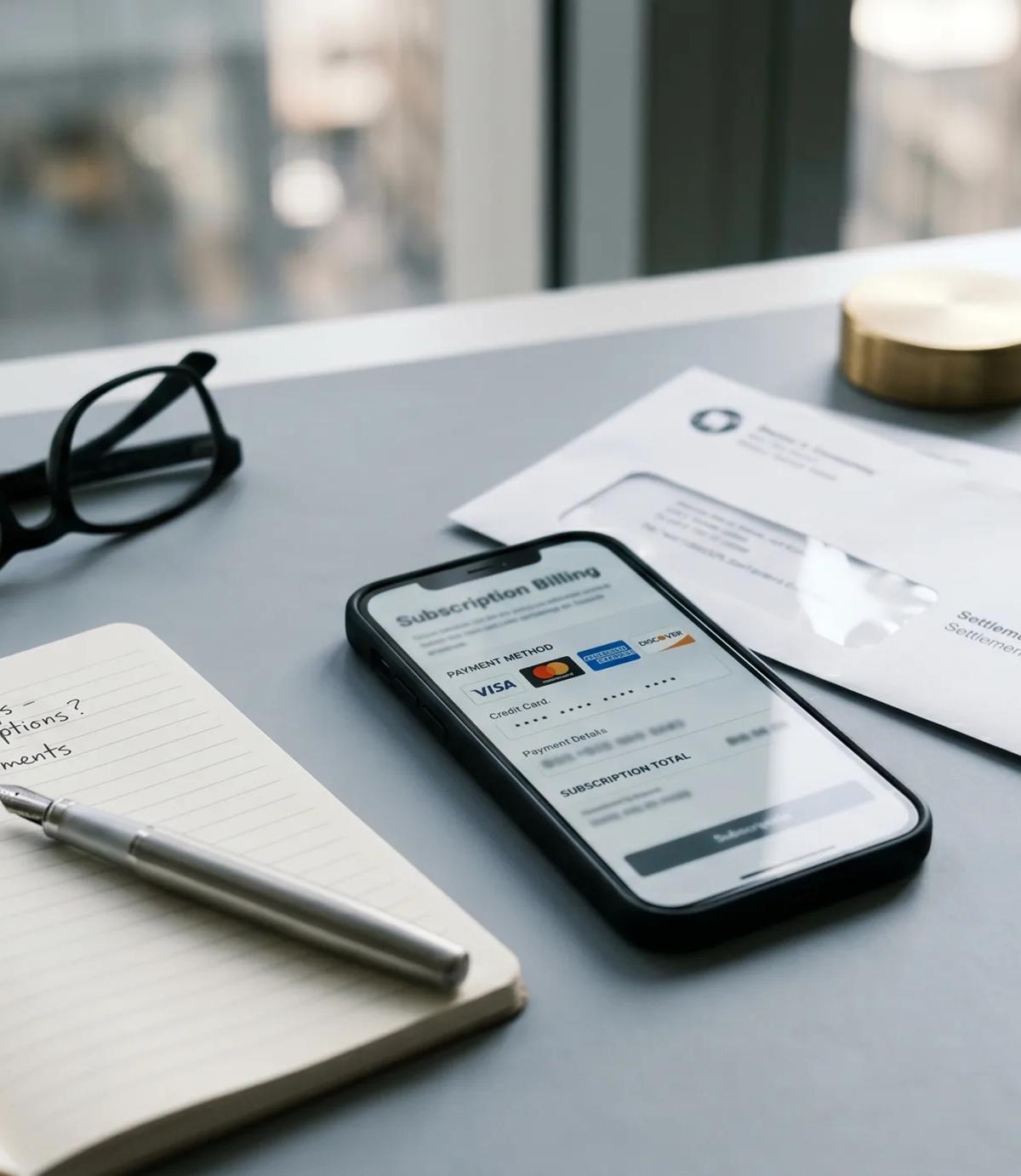 A smartphone displaying a generic subscription billing screen with payment method icons rests on a gray desk next to an open notebook with handwritten notes about reviewing auto-pays and subscriptions. Black-rimmed reading glasses, a silver fountain pen, a brass paperweight, and a settlement notice envelope marked PAYMENT DUE complete the scene. Soft natural light filters through a window in the background.