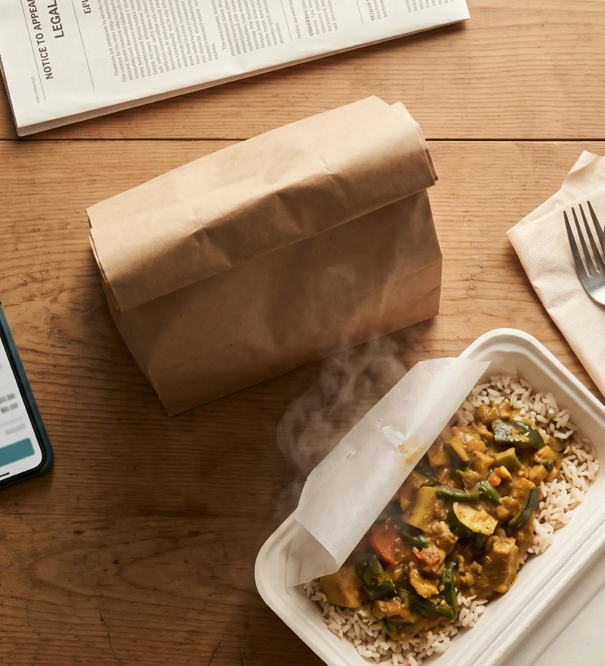 A steaming takeout container of vegetable curry over white rice sits on a wooden table next to a smartphone showing a generic food delivery checkout screen. A brown paper takeout bag, a stainless steel fork and spoon on cream napkins, and a folded legal notice marked "NOTICE TO APPEAR" complete the overhead flat lay composition.