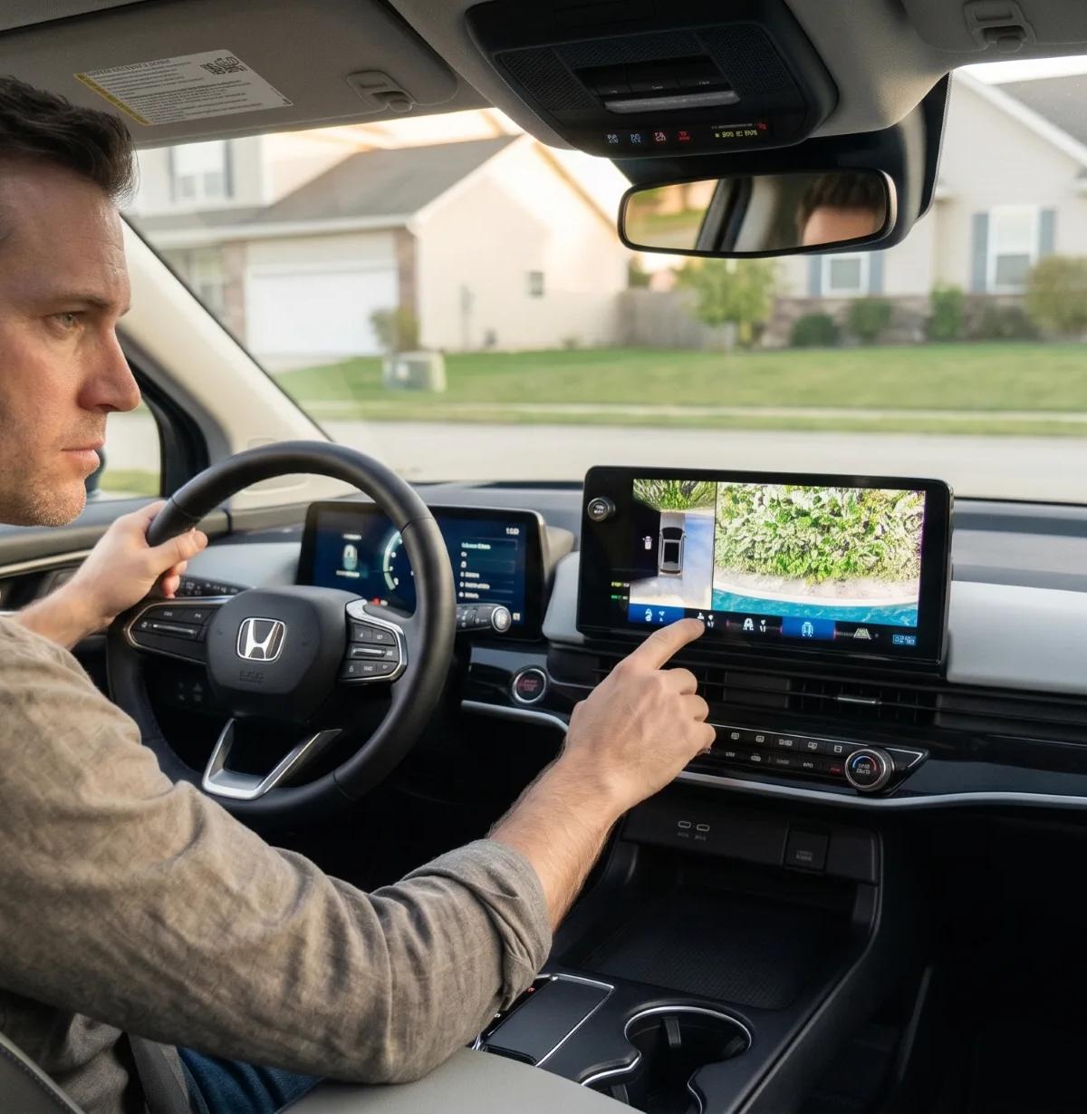 Driver in a Honda Prologue checking the dashboard touchscreen showing a rearview camera image, subject of the 2026 Honda rearview camera recall.