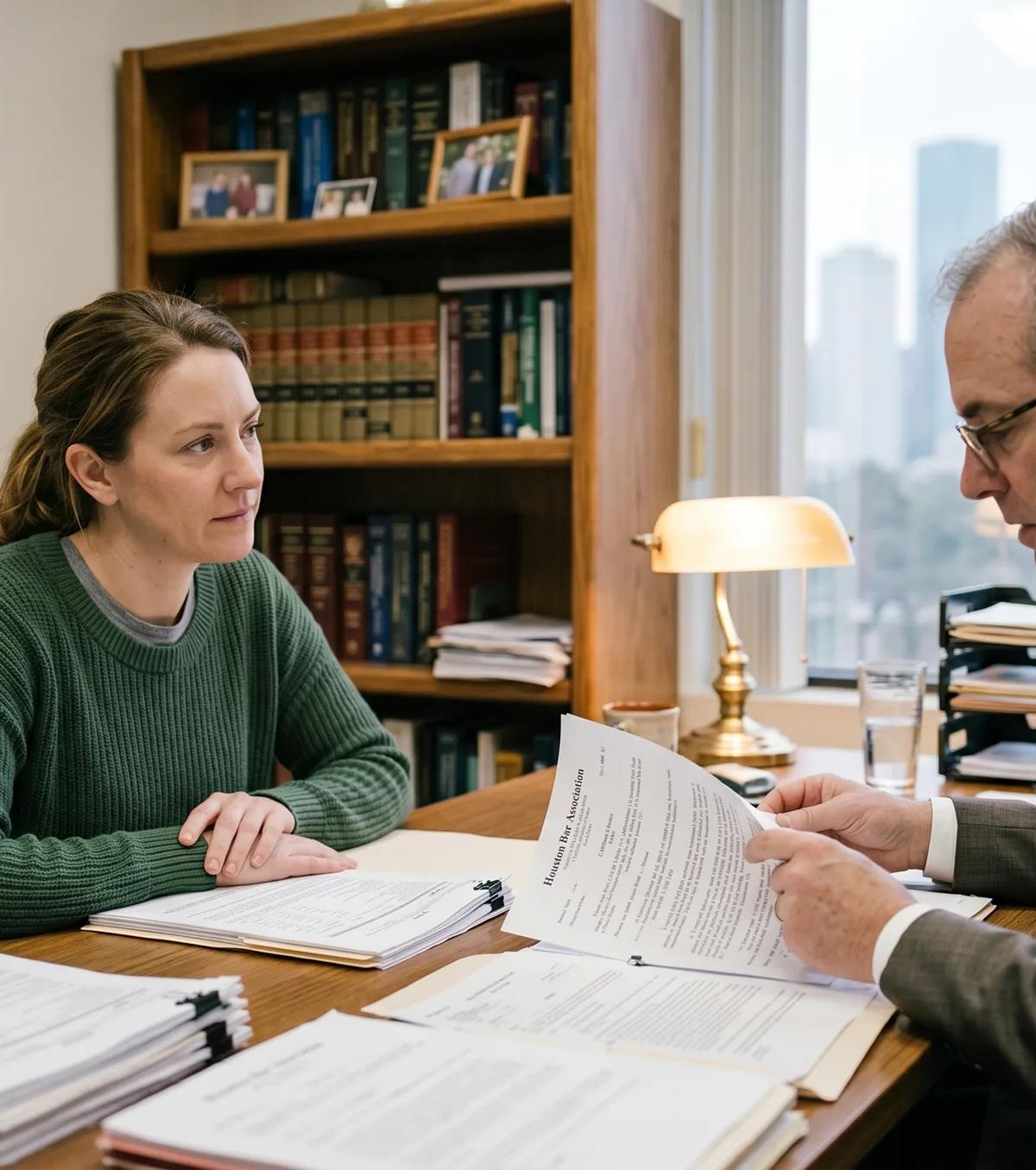 Woman consulting a Houston auto accident attorney reviewing case documents in a law office