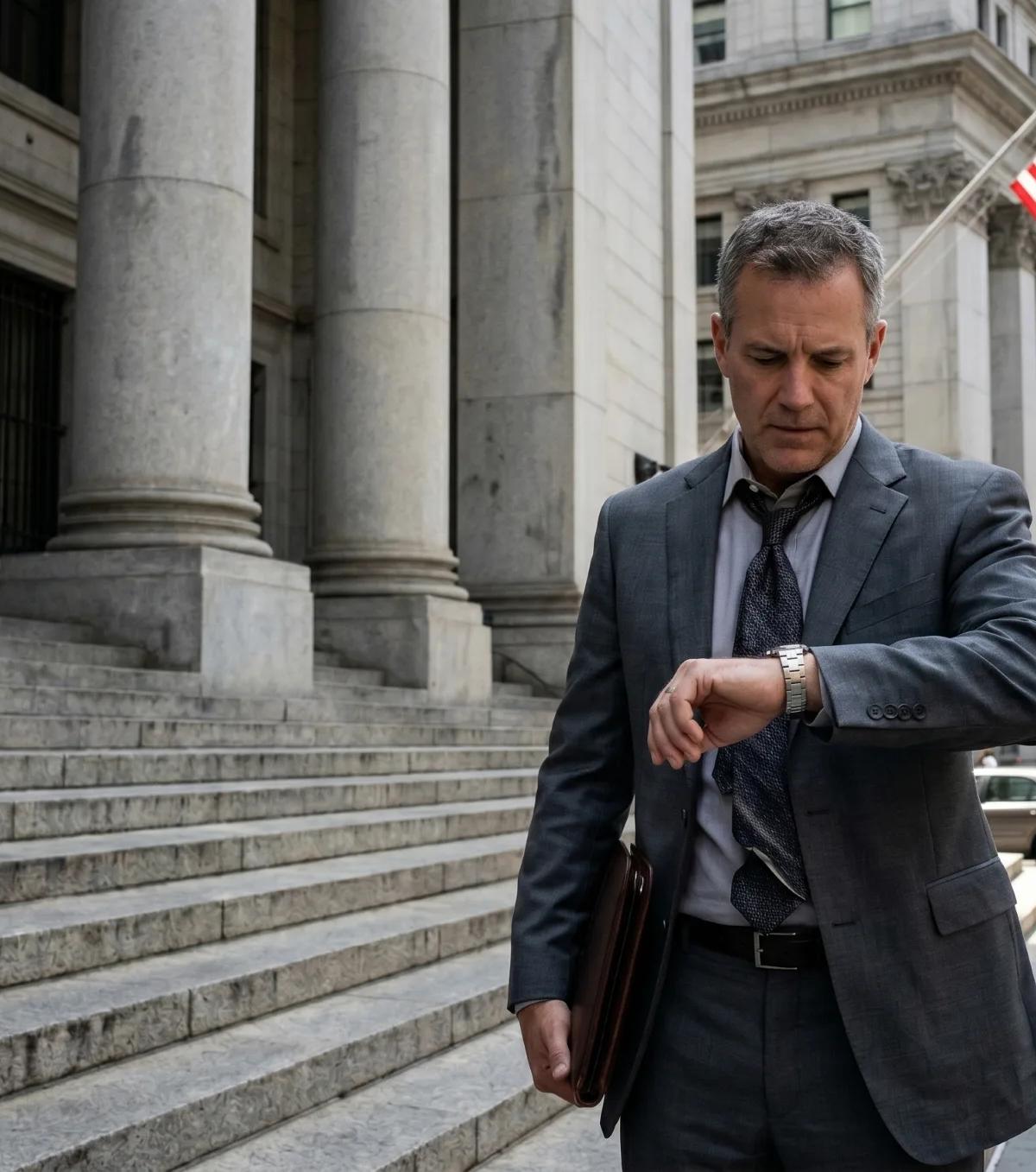 Man in charcoal suit checking his wristwatch outside an American courthouse with leather portfolio under his arm.