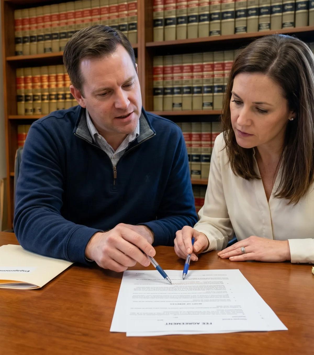 Two clients reviewing a printed fee agreement at a law-firm conference table while discussing how much a lawyer costs in 2026.