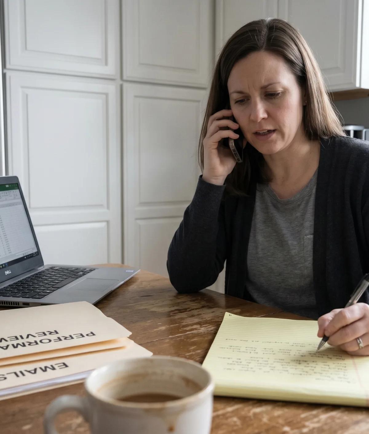 Woman on phone reviewing performance reviews and emails on yellow legal pad while researching how to find a wrongful termination lawyer at her kitchen table.