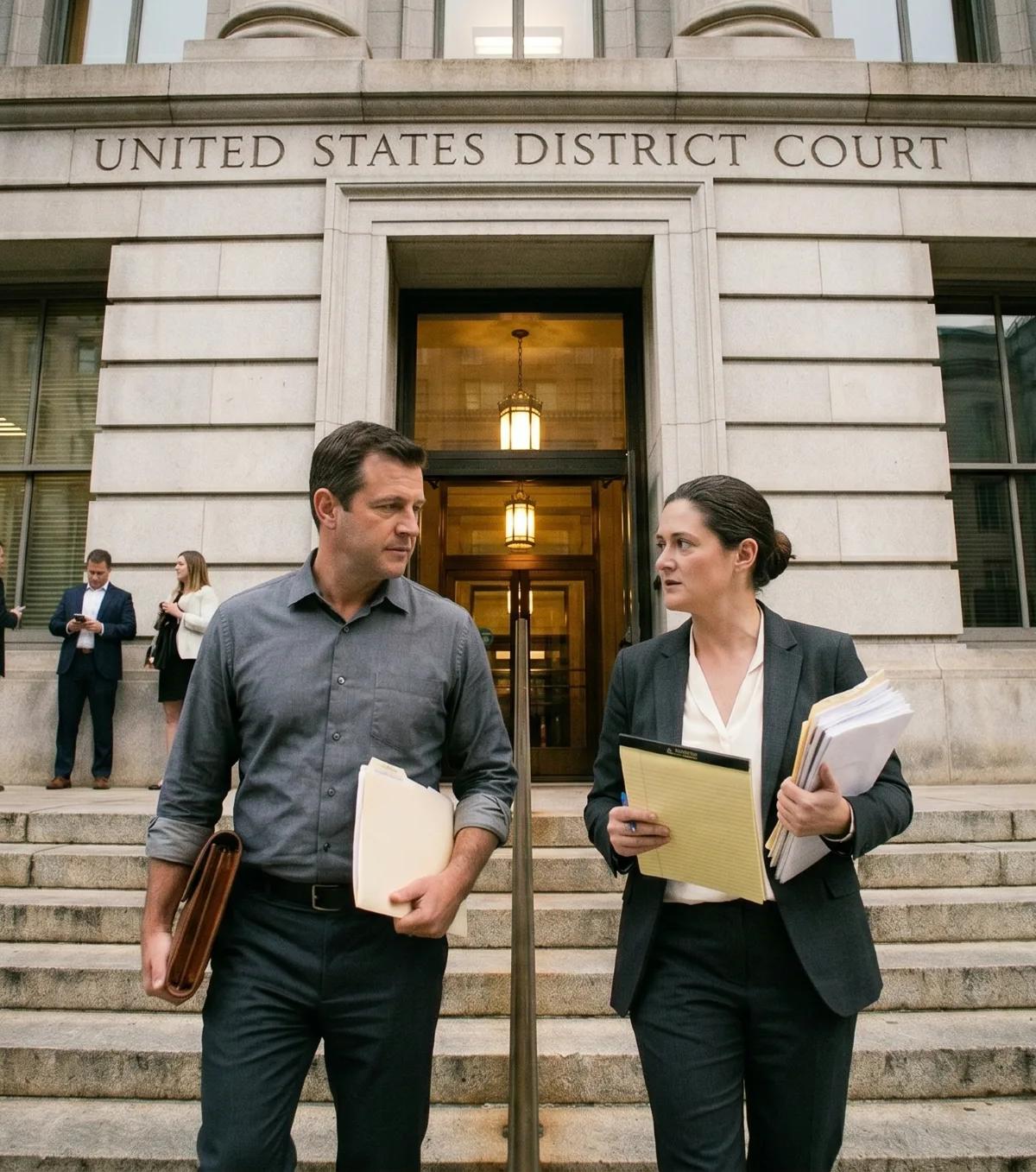 How to sue a corporation at U.S. District Court Plaintiff and his attorney walk down the steps of a United States District Court holding case files after filing a corporate lawsuit.