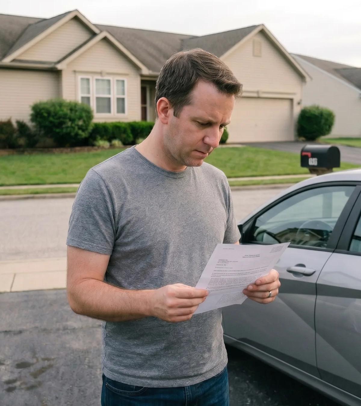 Man in his late 30s wearing a gray t-shirt and dark jeans standing in a suburban American driveway reading a Hyundai Elantra Hybrid recall notice letter, with a silver compact sedan parked beside him and beige single-family homes in the background