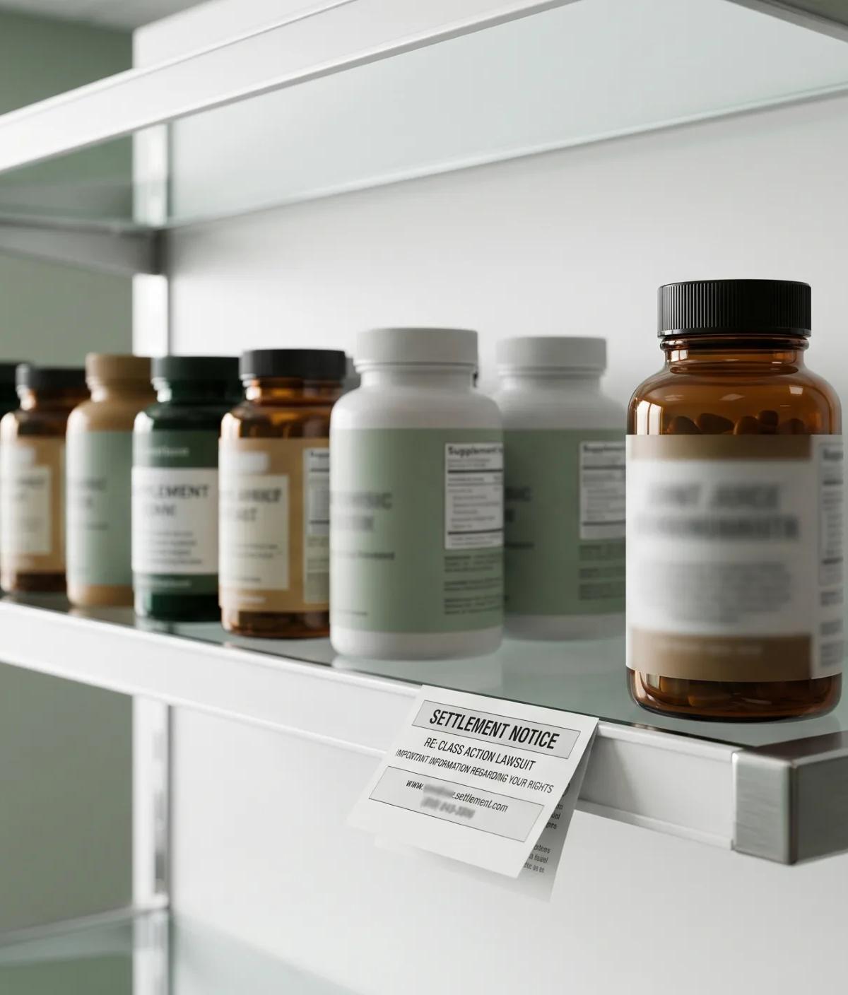 A row of unmarked supplement bottles in muted green, amber, and white sits on a clean white pharmacy-style shelf. A small printed card titled "SETTLEMENT NOTICE — RE: CLASS ACTION LAWSUIT — IMPORTANT INFORMATION REGARDING YOUR RIGHTS" rests on the shelf in the foreground. Soft daylight enters from a window on the left.