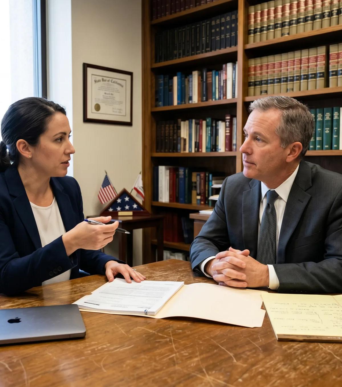 Female client in navy blazer gestures with pen across desk during paid lawyer consultation fee meeting with attorney in California law office.