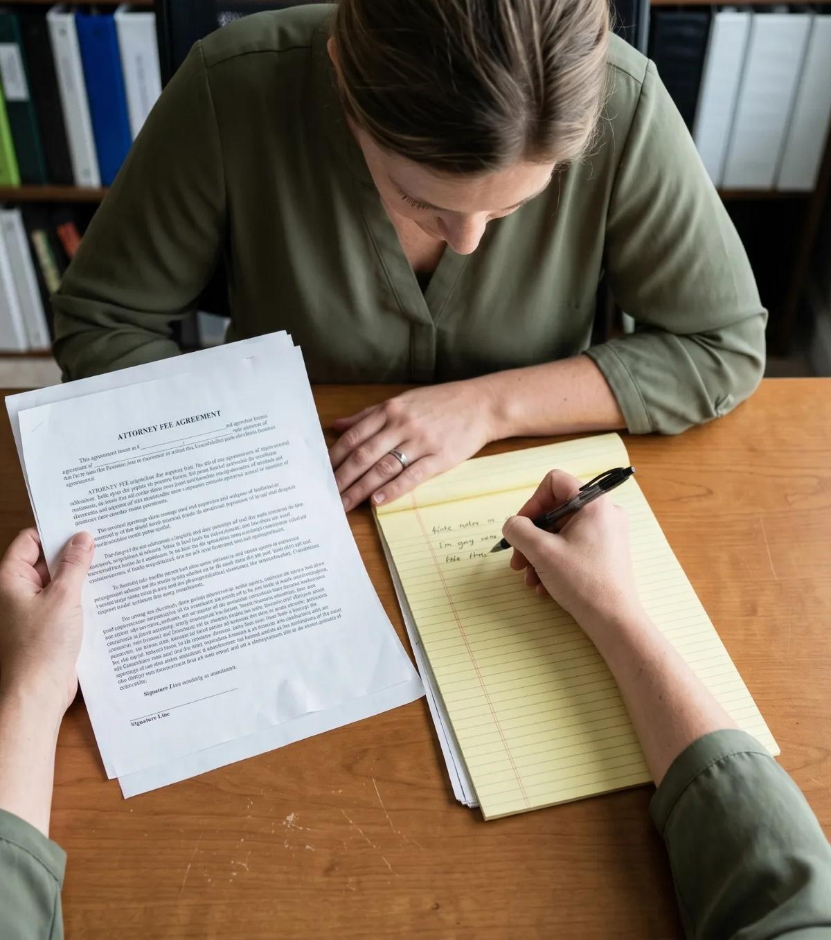 Person reviewing a printed attorney fee agreement and taking notes while weighing the cost of suing a company