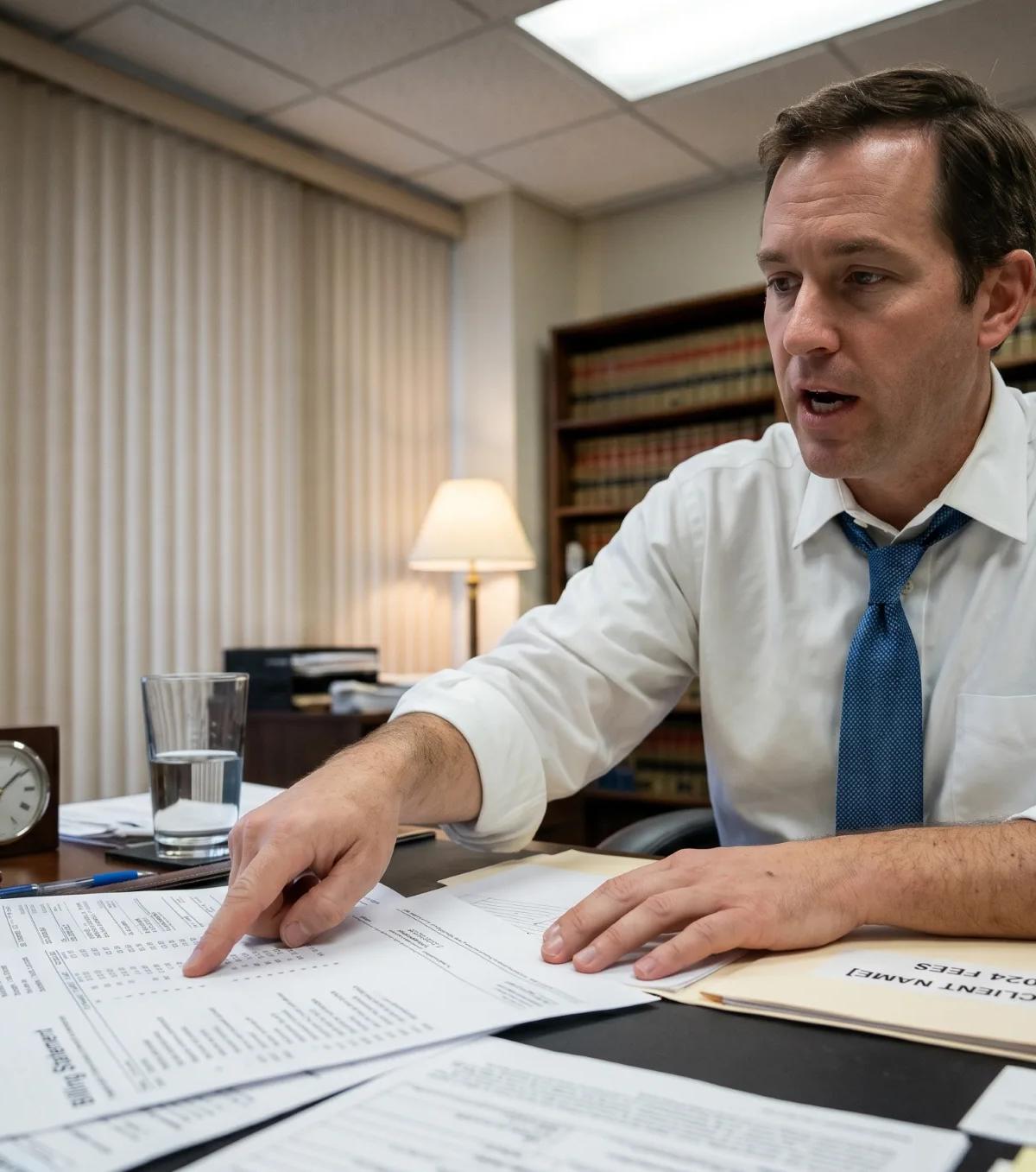 Attorney in shirt and tie points to a billing statement at his law office desk, explaining the lawyer hourly rate to a client.
