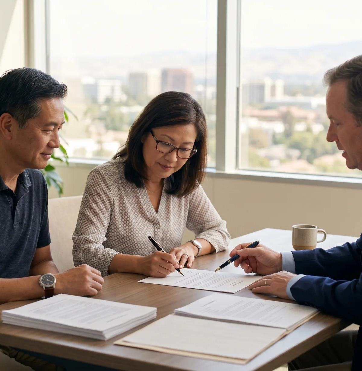Couple signing trust documents at a desk while a living trust attorney in San Jose reviews the paperwork during a consultation.