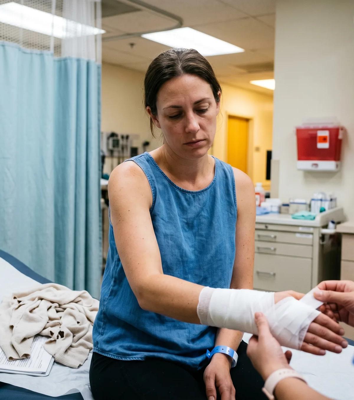 Los Angeles dog bite victim having her bandaged forearm dressed by an ER nurse with a county animal bite report form on the bed.