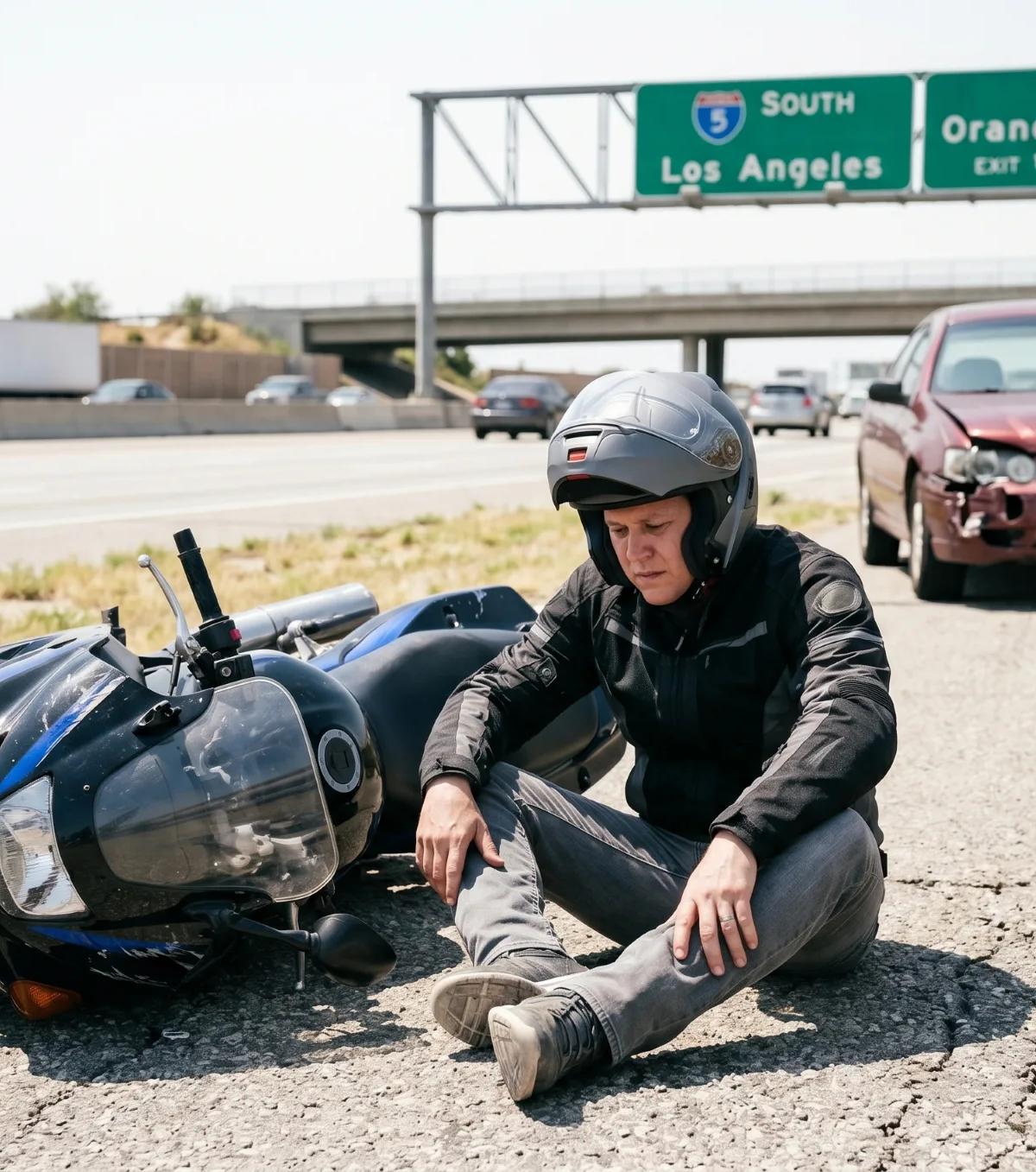 Injured motorcyclist in helmet sitting on California freeway shoulder next to downed motorcycle after a crash, with a damaged car visible in the background near Los Angeles.