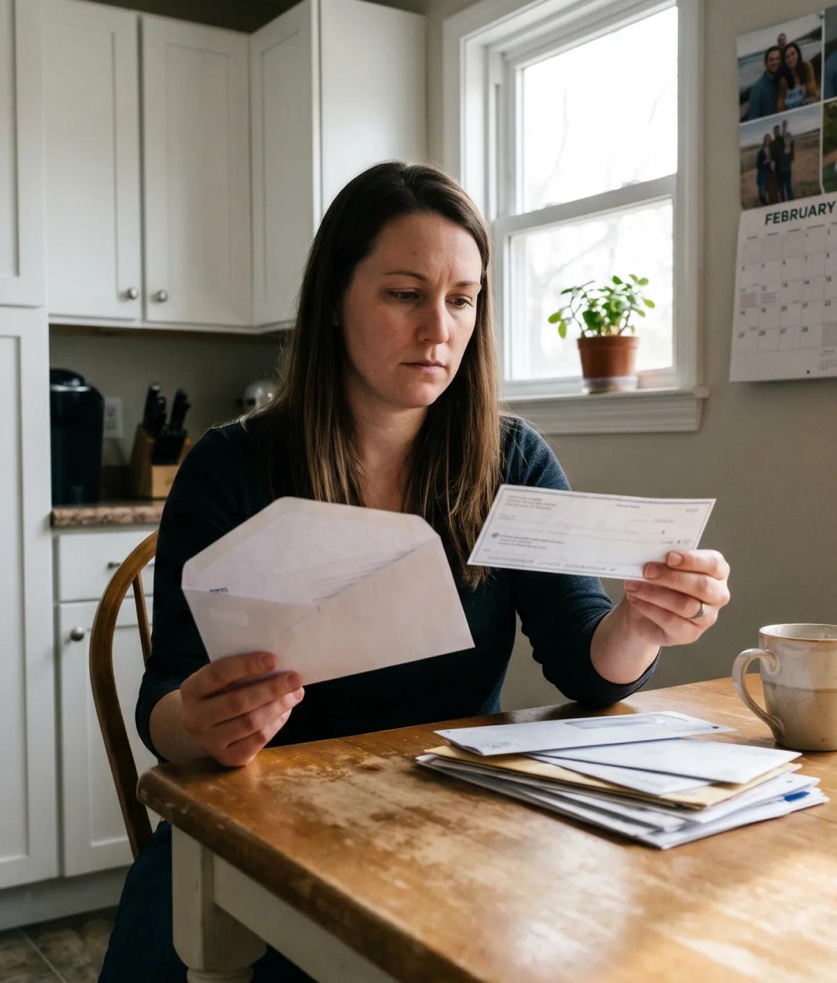 Woman at kitchen table reviewing Navient settlement 2026 check from Rust Consulting beside opened envelope and stack of mail.